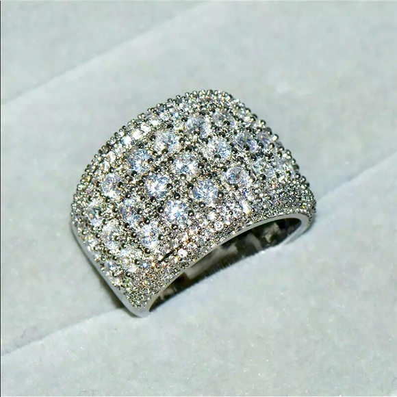 NEW Silver Round Diamond Pave Wide Band Ring - Picture 3 of 6